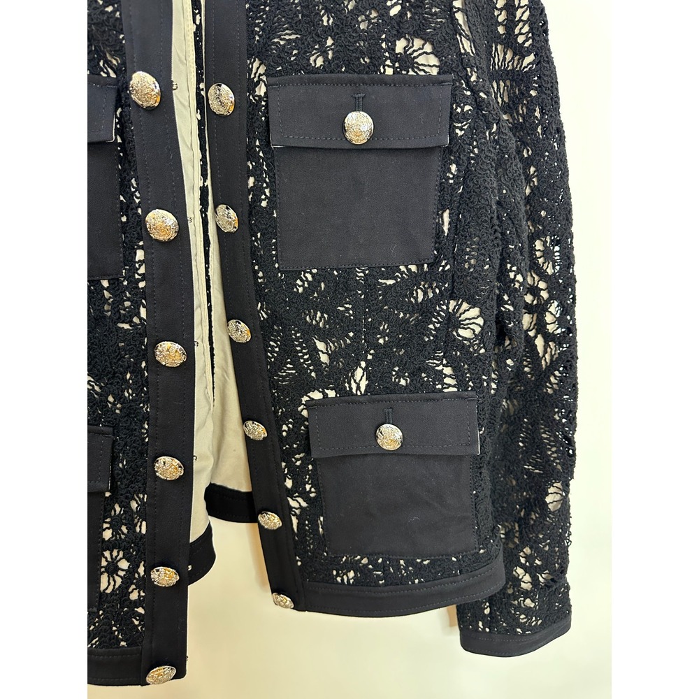 White House Black Market Stylist Jacket Black Floral Lace Crest Button Size 10 - Picture 4 of 12